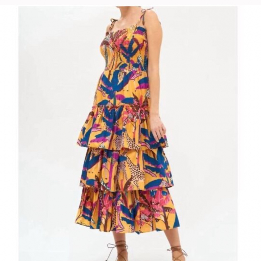 Oliphant tie strap tiered midi dress M in vibrant tropical cotton fabric
